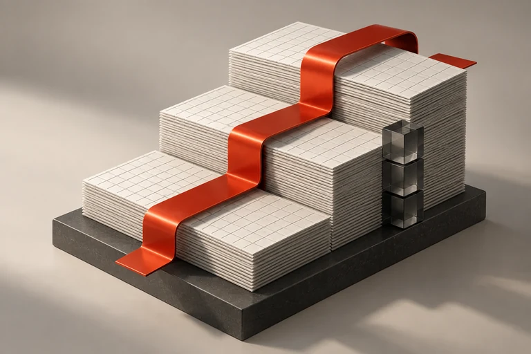 Precision stacks of grid paper joined by a sculptural red ribbon — campaign illustration