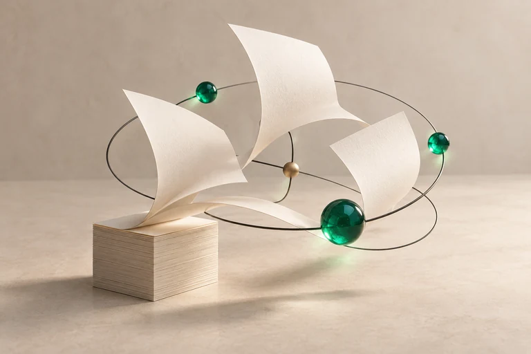 Paper pages becoming orbital diagrams with emerald glass beads — campaign illustration
