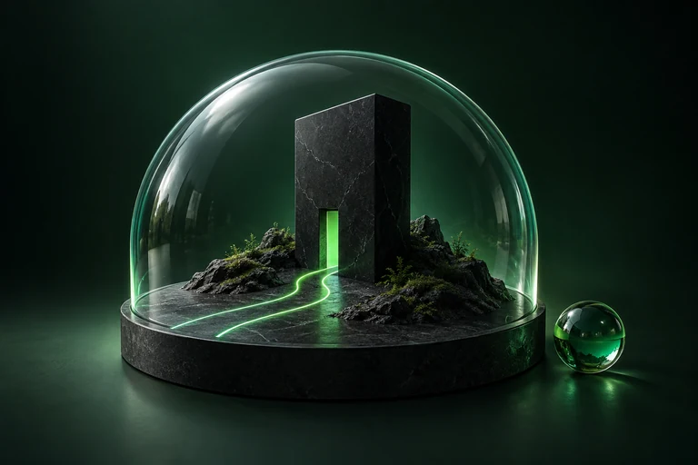 A private obsidian outpost protected by a clear glass dome — campaign illustration