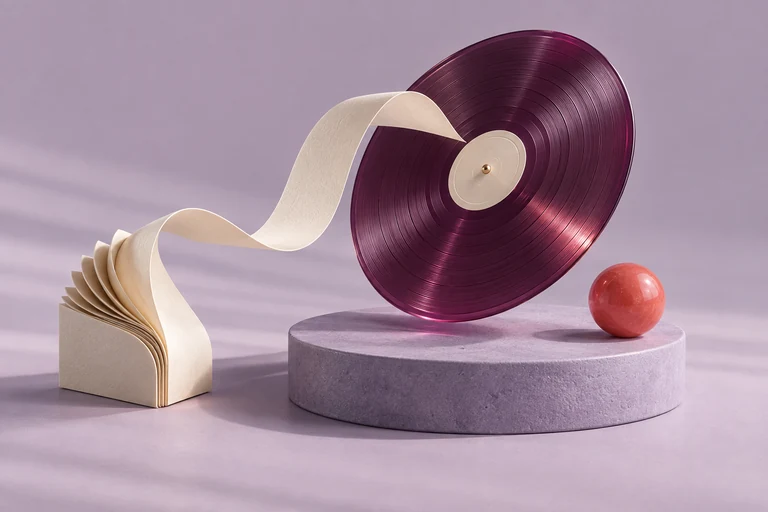 A paper ribbon transforming into a translucent plum-coloured record — campaign illustration